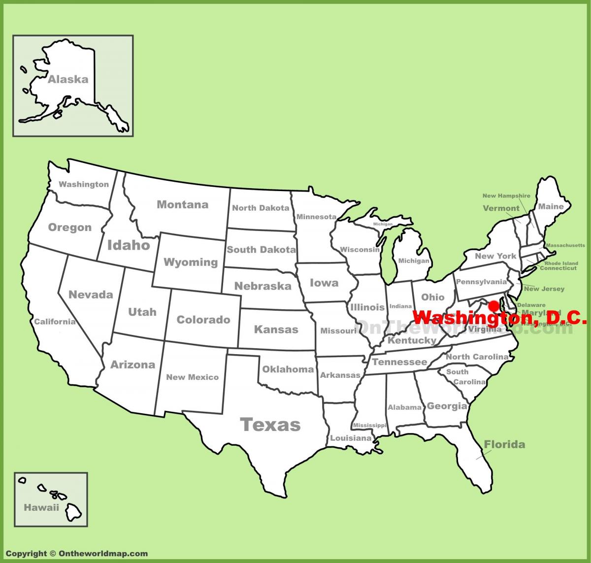 वाशिंगटन डीसी के नक्शे पर अमेरिका के