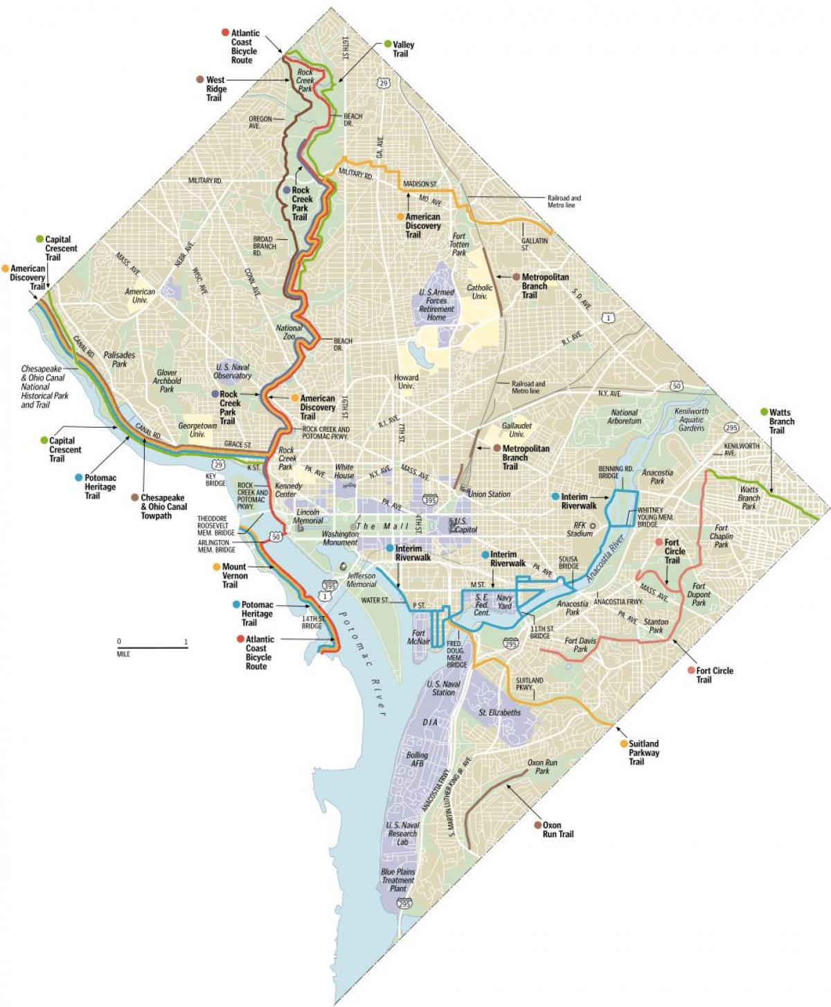 वाशिंगटन डीसी बाइक ट्रेल्स नक्शा