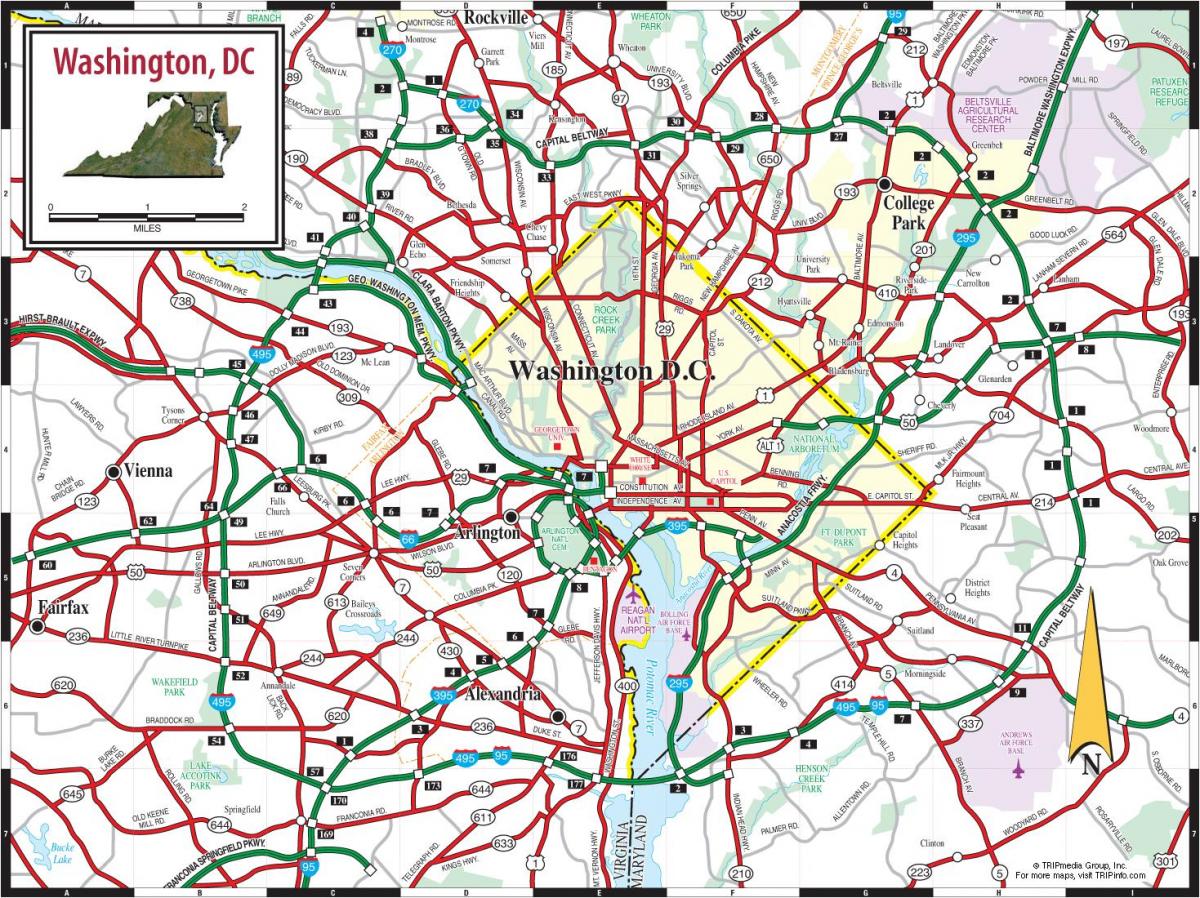 वॉशिंगटन डीसी मेट्रो का नक्शा सड़क ओवरले