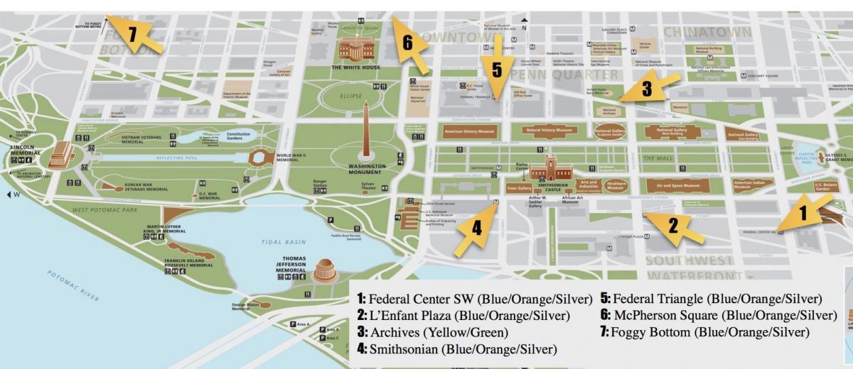 पैदल नक्शे के वाशिंगटन डीसी स्मारकों
