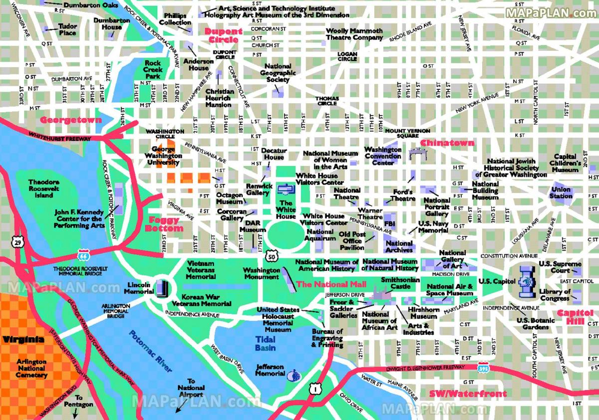 वॉशिंगटन डीसी पर्यटकों के आकर्षण का नक्शा