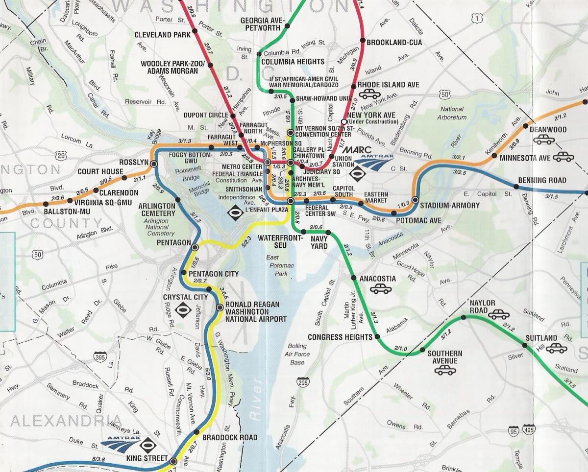 वाशिंगटन डीसी सड़क के नक्शे के साथ मेट्रो स्टेशनों